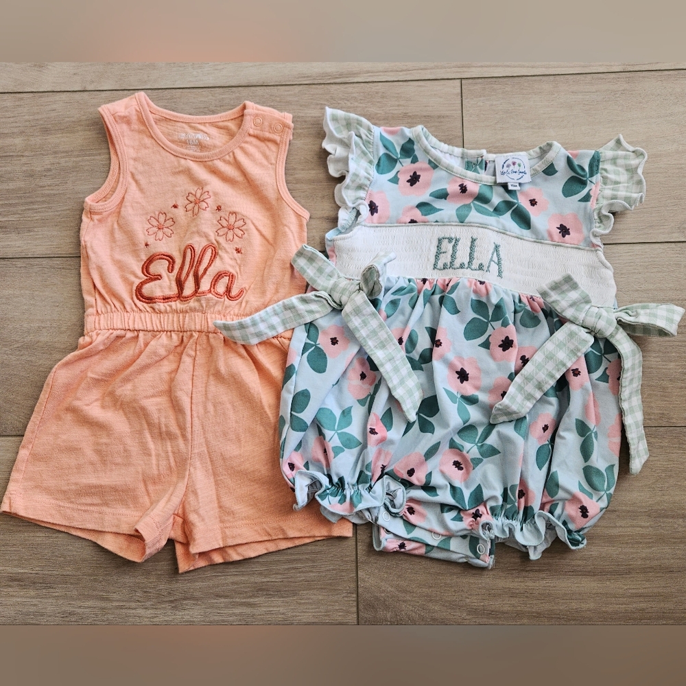 2 Adorable Ella Applique Rompers, 18 months